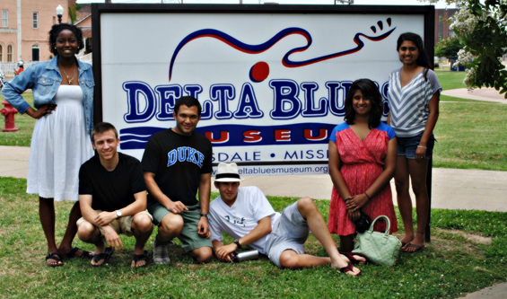 Robertson Scholars pictured at the Delta Blues Museum in Clarksdale.  (L to R) Ademide Adelekun (Dolly Adelekun), UNC; Oren Bukspan, Duke; Minhazul Islam, Duke; Julian Borrey, Duke; Gihani Dissanayake, UNC; Minali Nigam, Duke.  